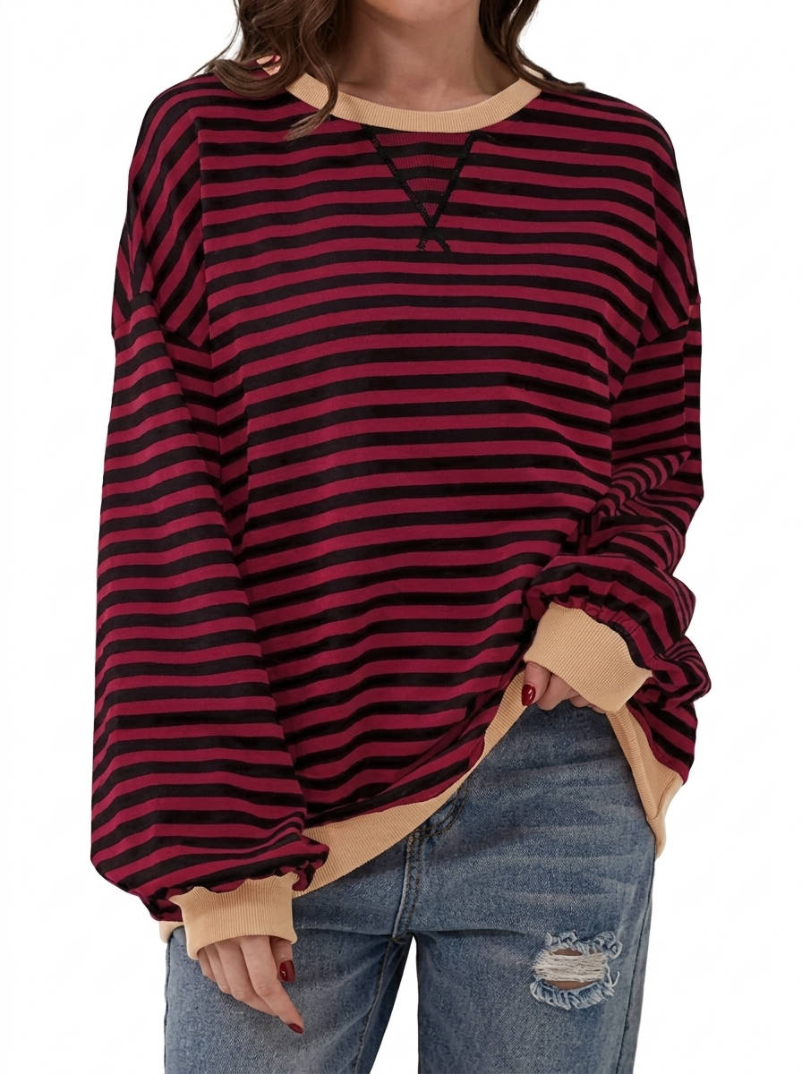 Sweatshirt for Women 2026 Fall, Crewneck Long Sleeve Oversized Striped Pullover Tops