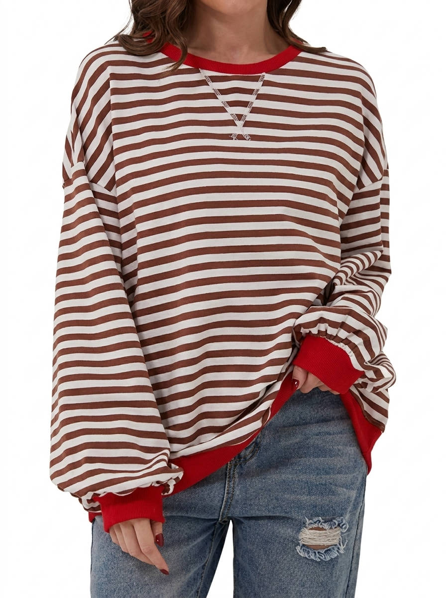Sweatshirt for Women 2026 Fall, Crewneck Long Sleeve Oversized Striped Pullover Tops
