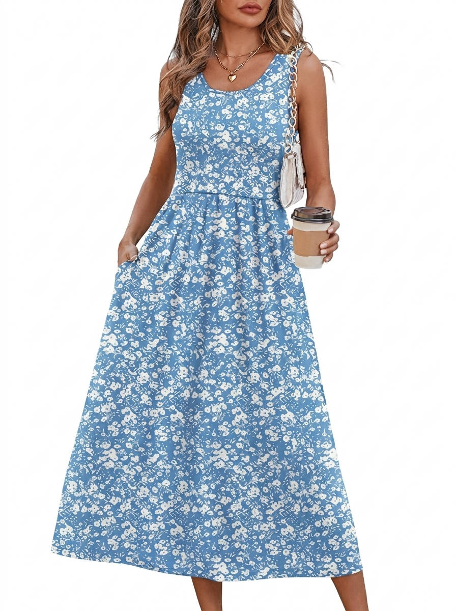 Womens Flowy Midi Dress, Casual Beach Vacation Sundress with Pockets