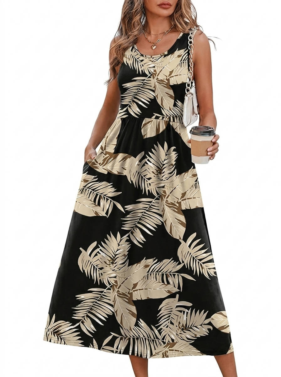 Womens Flowy Midi Dress, Casual Beach Vacation Sundress with Pockets