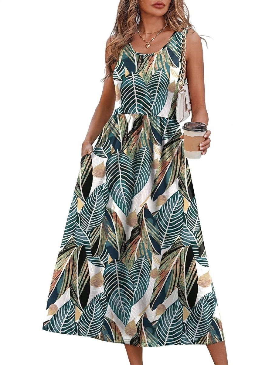 Womens Flowy Midi Dress, Casual Beach Vacation Sundress with Pockets