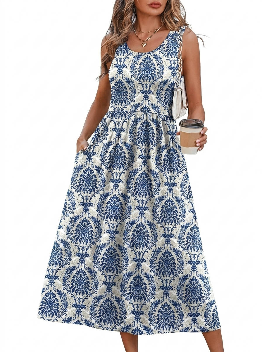 Womens Flowy Midi Dress, Casual Beach Vacation Sundress with Pockets