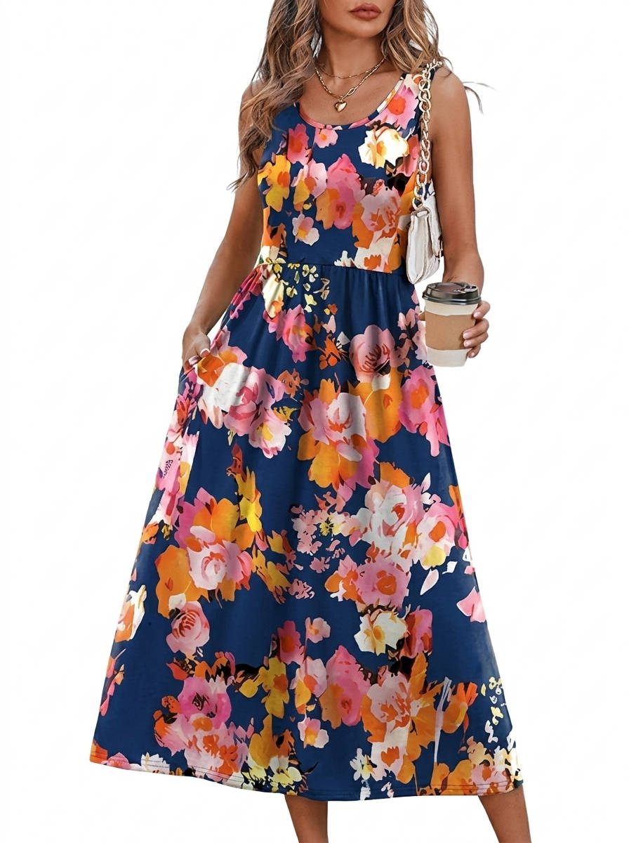 Womens Flowy Midi Dress, Casual Beach Vacation Sundress with Pockets