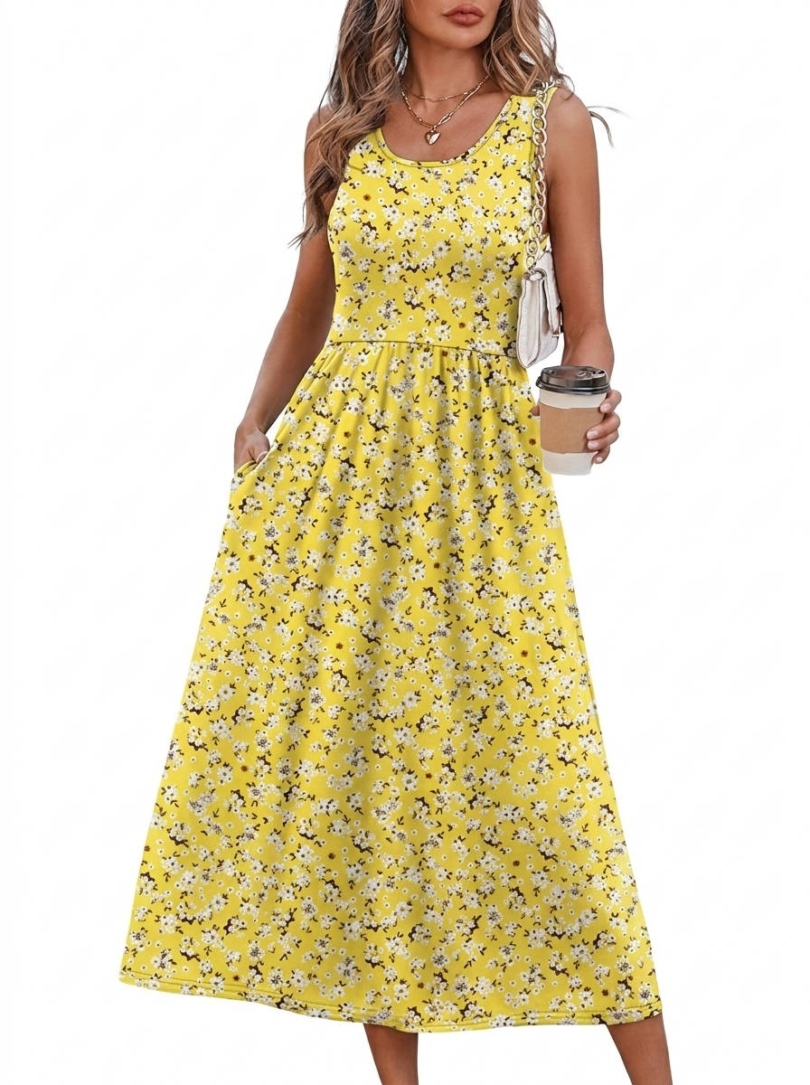 Womens Flowy Midi Dress, Casual Beach Vacation Sundress with Pockets