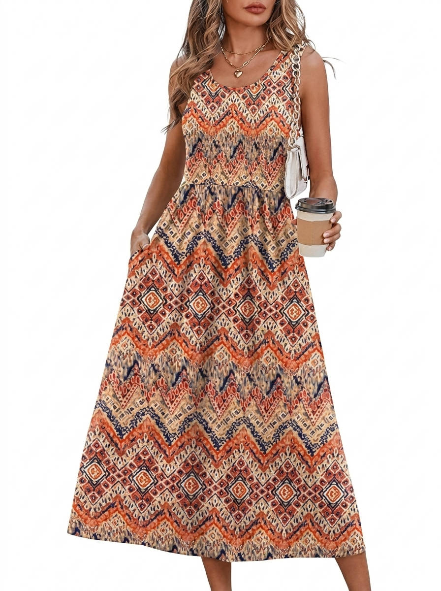 Womens Flowy Midi Dress, Casual Beach Vacation Sundress with Pockets