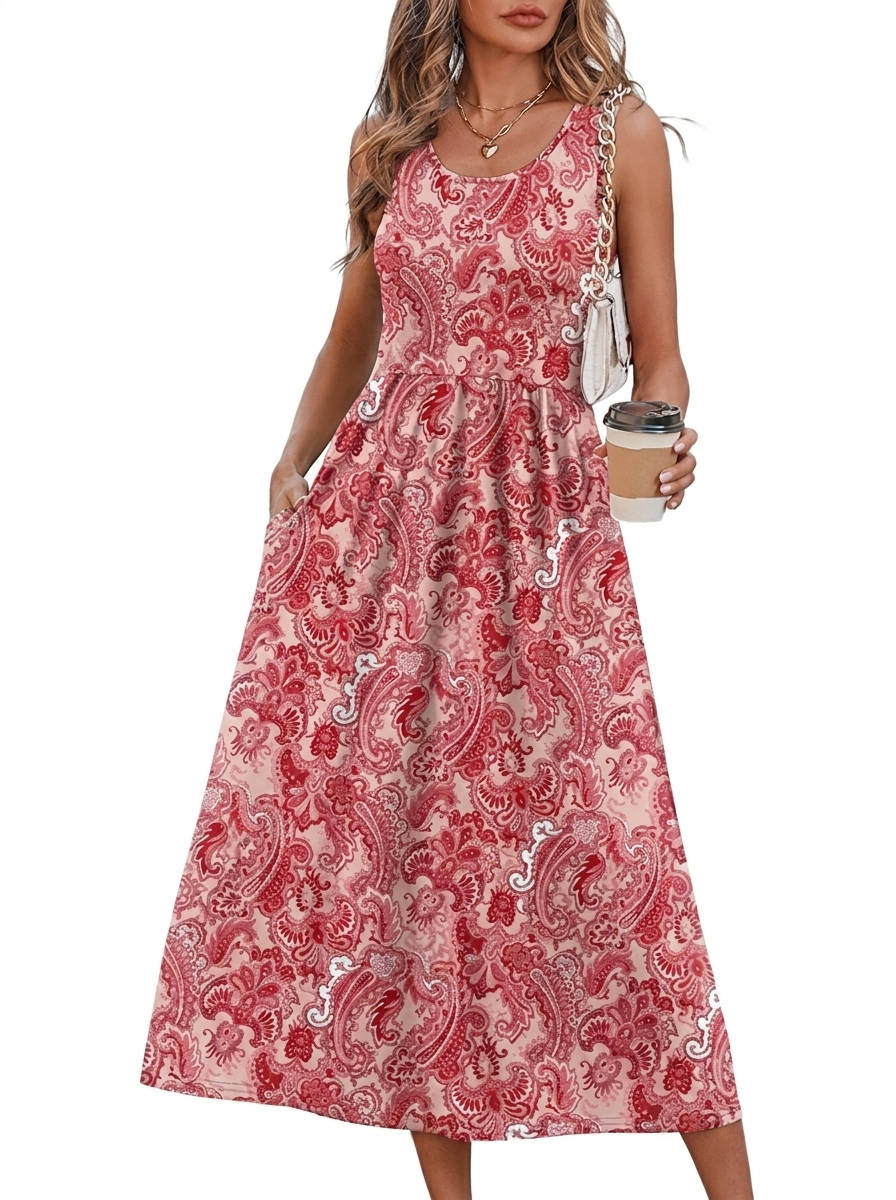 Womens Flowy Midi Dress, Casual Beach Vacation Sundress with Pockets