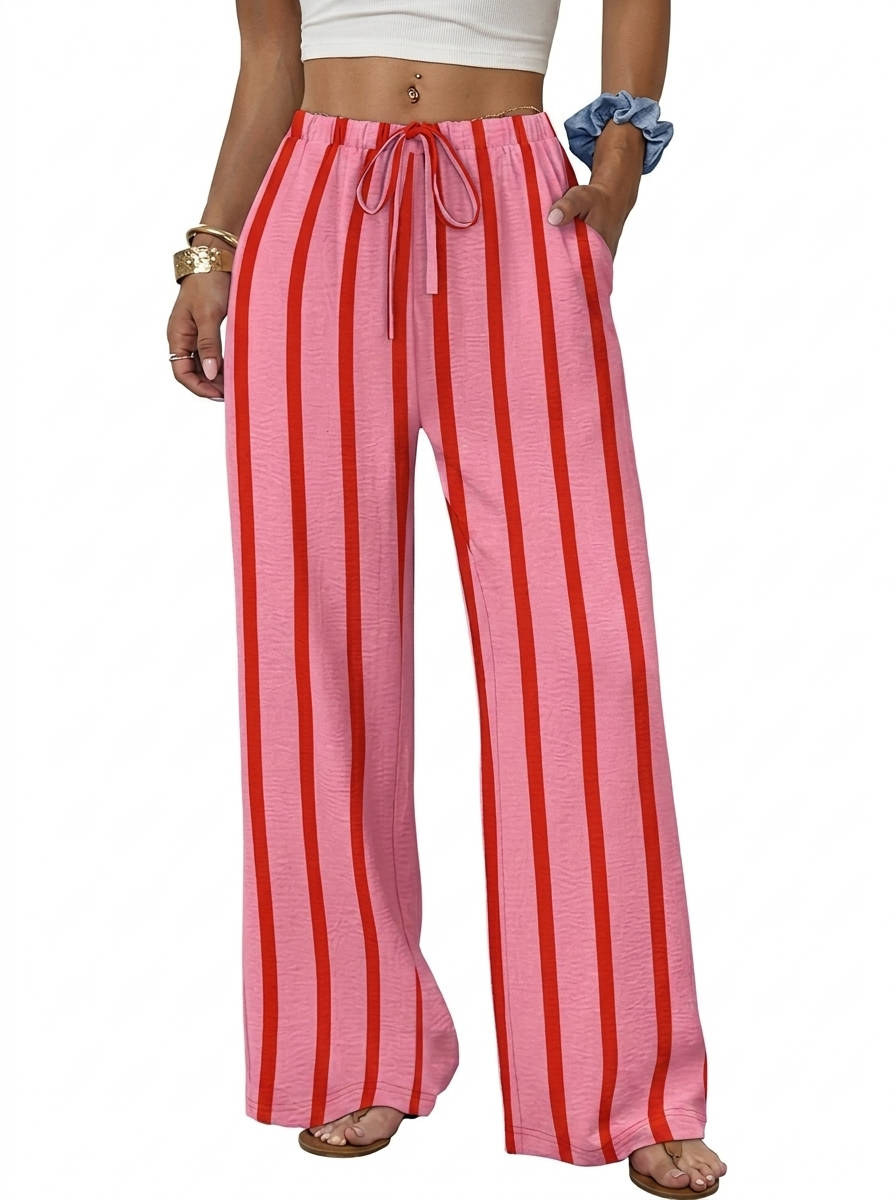 Womens Wide Leg Palazzo Pants, Flowy Drawstring Elastic Waist Trousers with Pockets for Summer, Beach and Vacation Wear