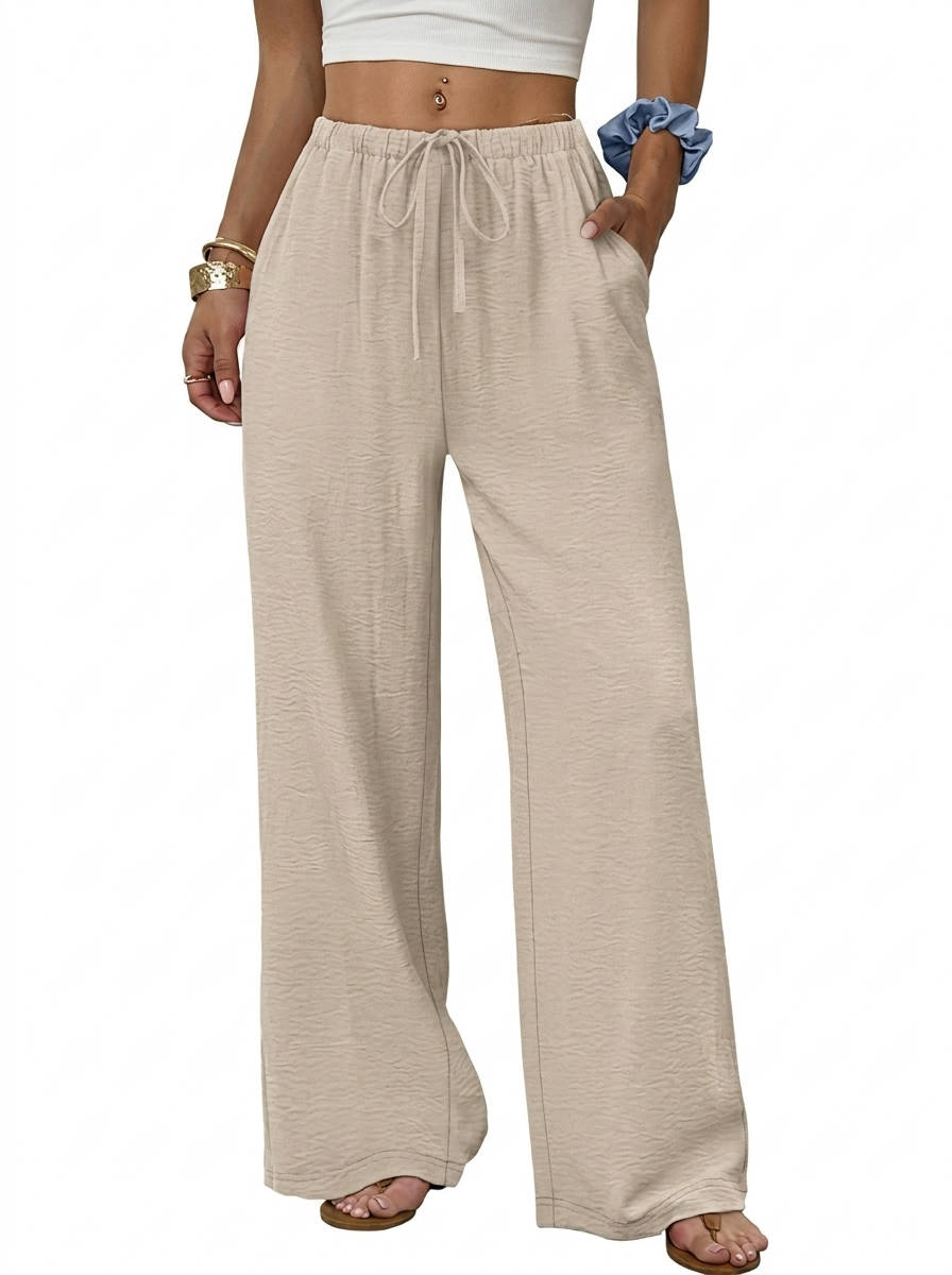 Womens Wide Leg Palazzo Pants, Flowy Drawstring Elastic Waist Trousers with Pockets for Summer, Beach and Vacation Wear
