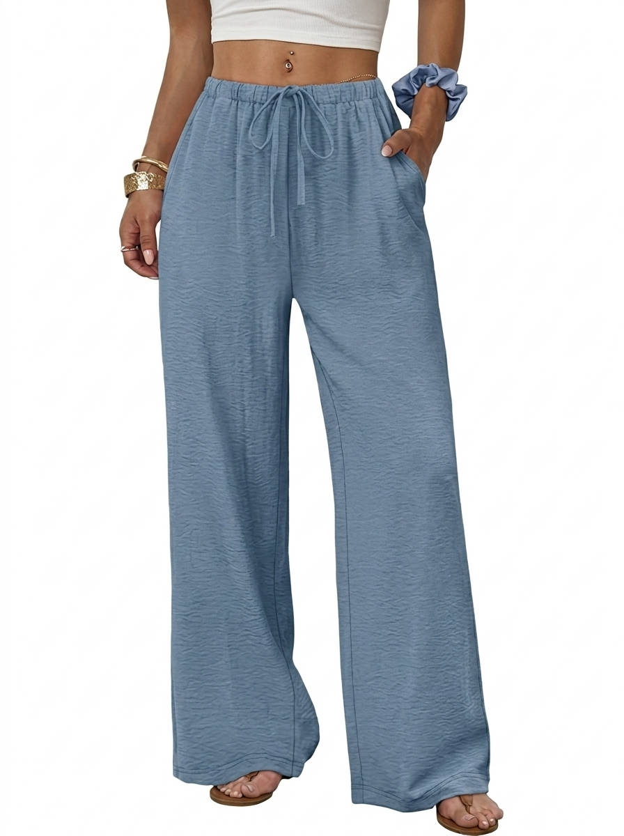Womens Wide Leg Palazzo Pants, Flowy Drawstring Elastic Waist Trousers with Pockets for Summer, Beach and Vacation Wear