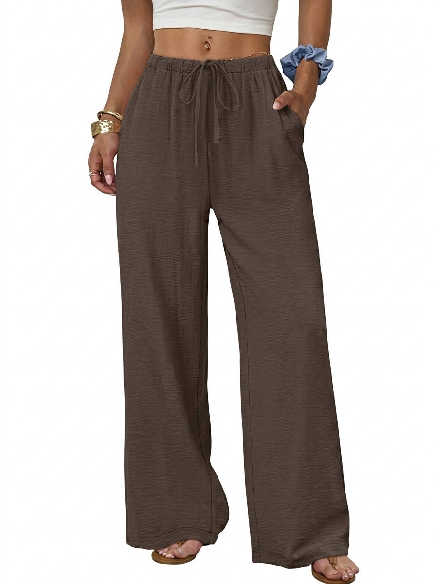 Womens Wide Leg Palazzo Pants, Flowy Drawstring Elastic Waist Trousers with Pockets for Summer, Beach and Vacation Wear