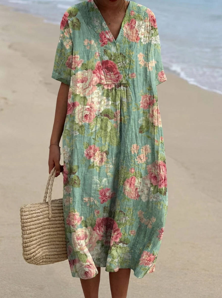 Womens Cotton Maxi Dress, Floral V Neck Short Sleeve Oversized Casual Midi Dress