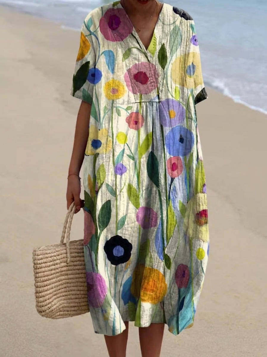 Womens Cotton Maxi Dress, Floral V Neck Short Sleeve Oversized Casual Midi Dress