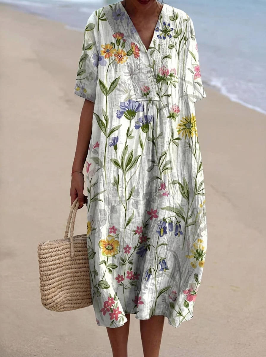 Womens Cotton Maxi Dress, Floral V Neck Short Sleeve Oversized Casual Midi Dress