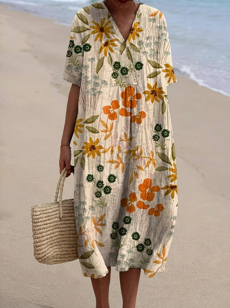 Womens Cotton Maxi Dress, Floral V Neck Short Sleeve Oversized Casual Midi Dress