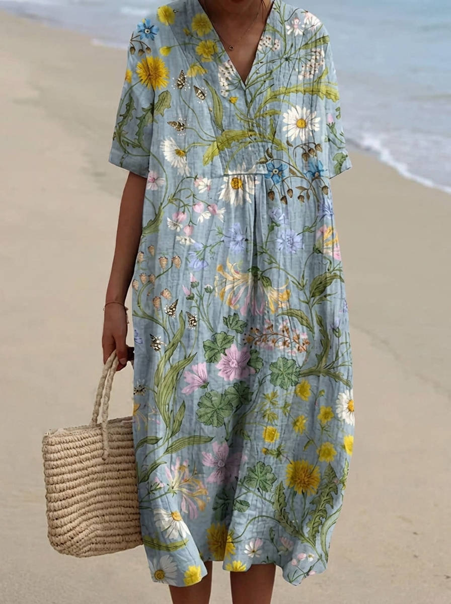 Womens Cotton Maxi Dress, Floral V Neck Short Sleeve Oversized Casual Midi Dress