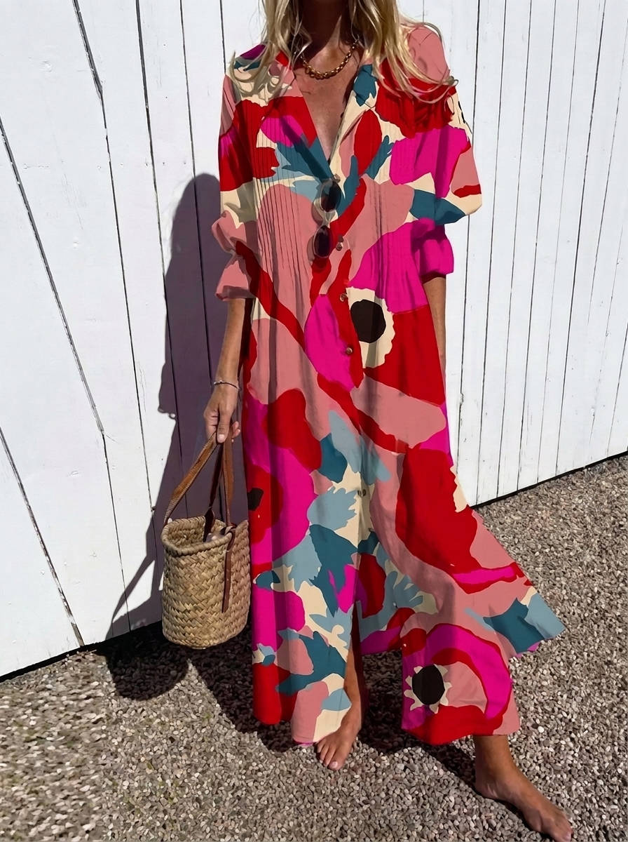 Womens Cotton Maxi Dress, Floral Casual Summer Beach Vacation Dress