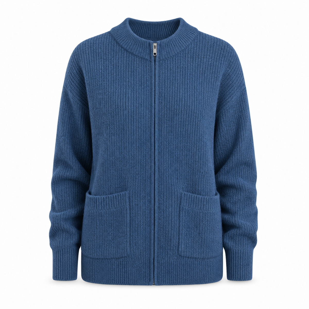 Womens Knit Jacket with Round Neck Zipper and Front Pockets, Stretchy Polyester