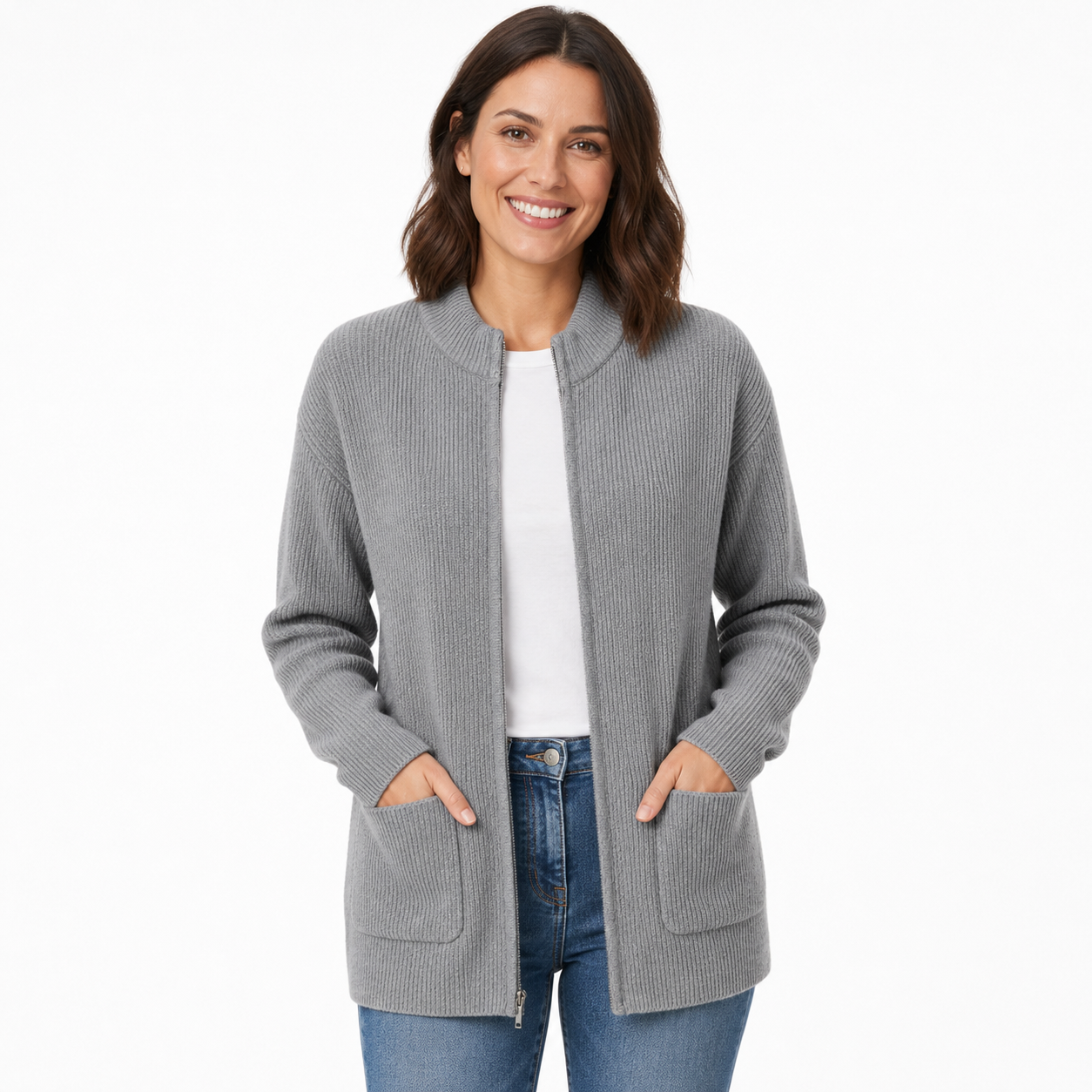Womens Knit Jacket with Round Neck Zipper and Front Pockets, Stretchy Polyester