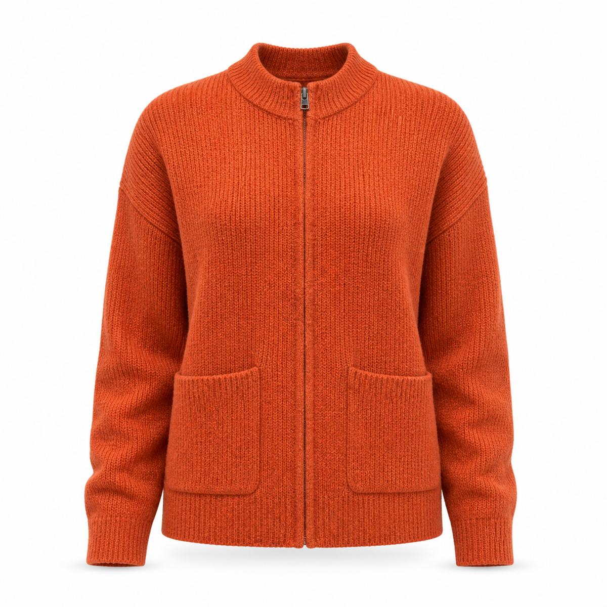Womens Knit Jacket with Round Neck Zipper and Front Pockets, Stretchy Polyester
