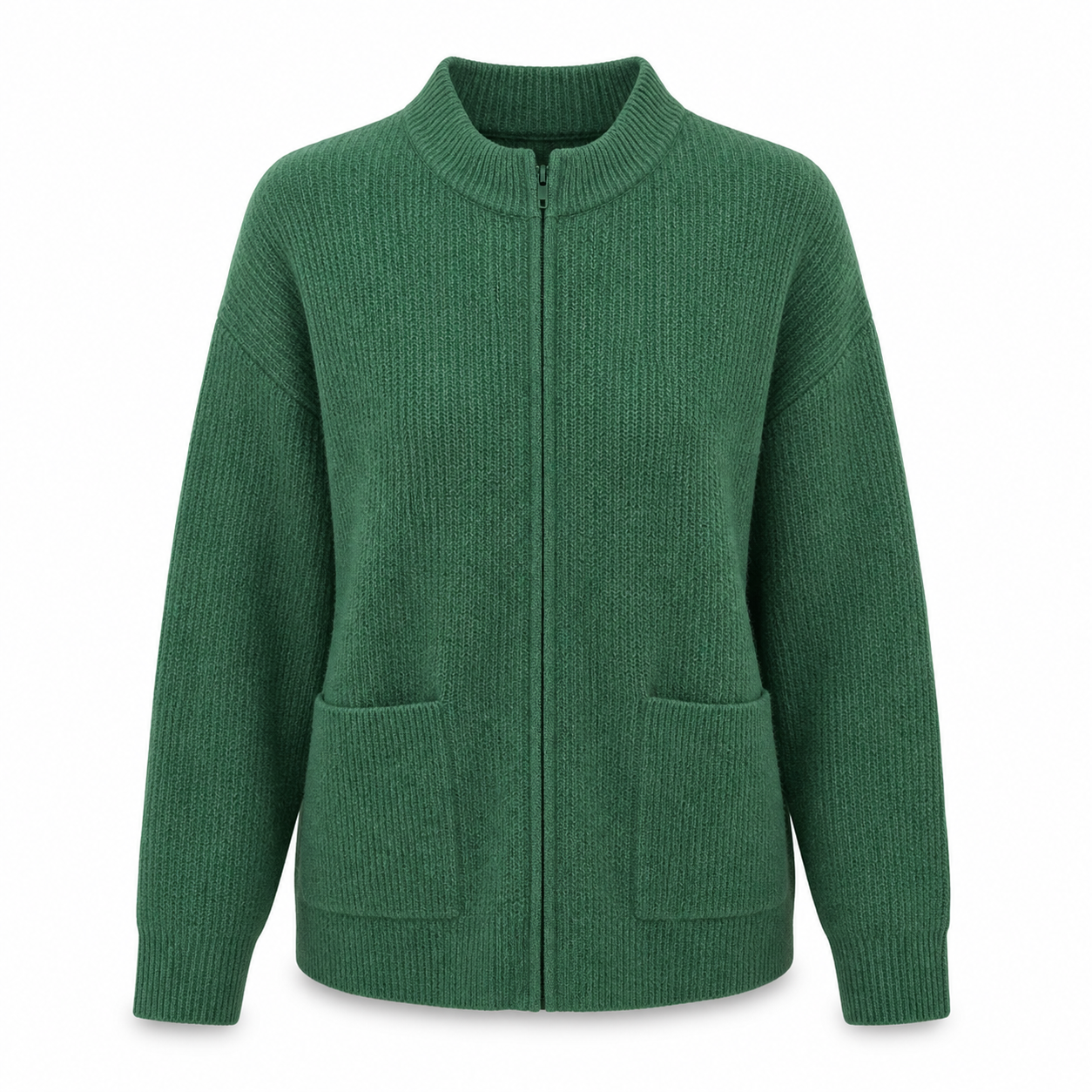Womens Knit Jacket with Round Neck Zipper and Front Pockets, Stretchy Polyester