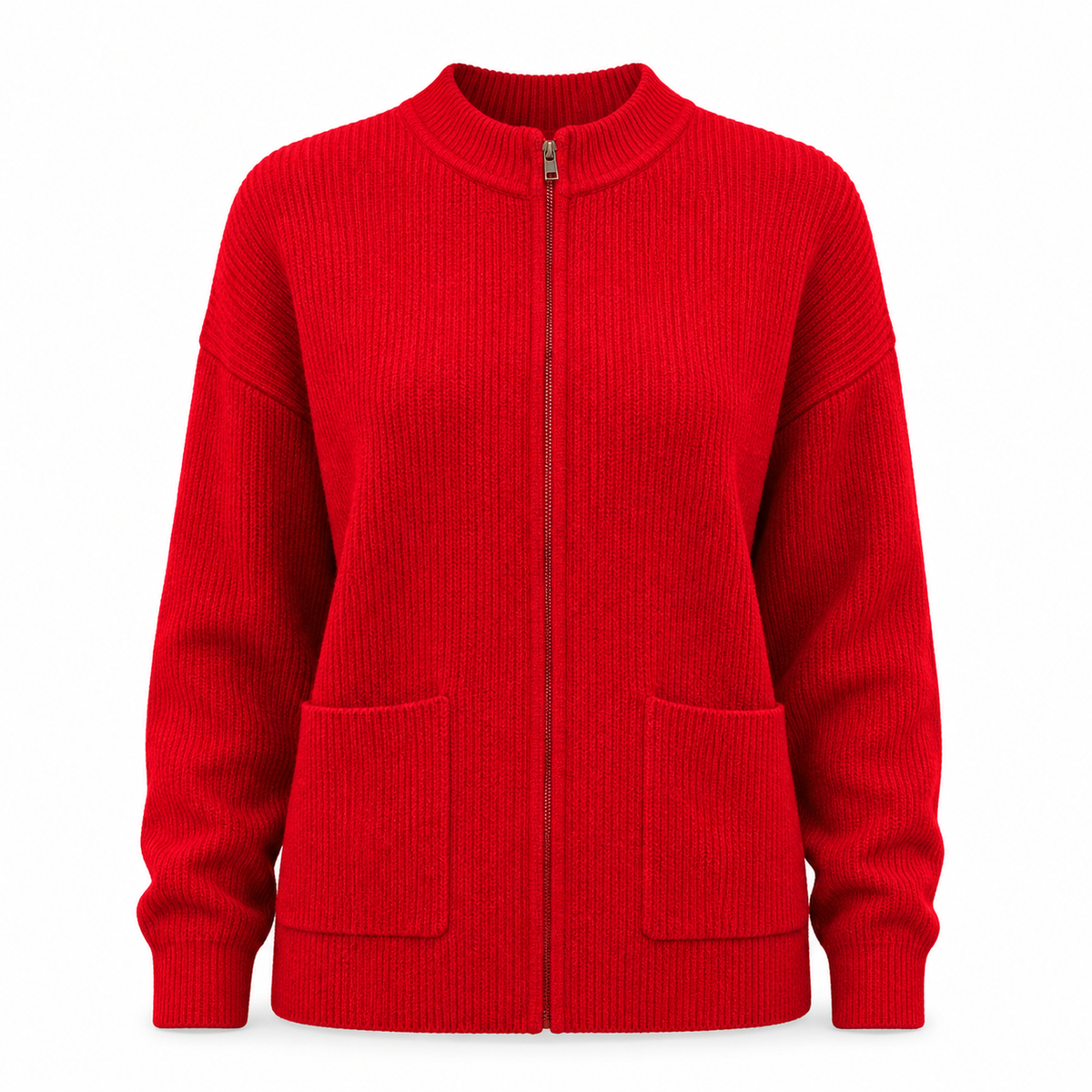 Womens Knit Jacket with Round Neck Zipper and Front Pockets, Stretchy Polyester