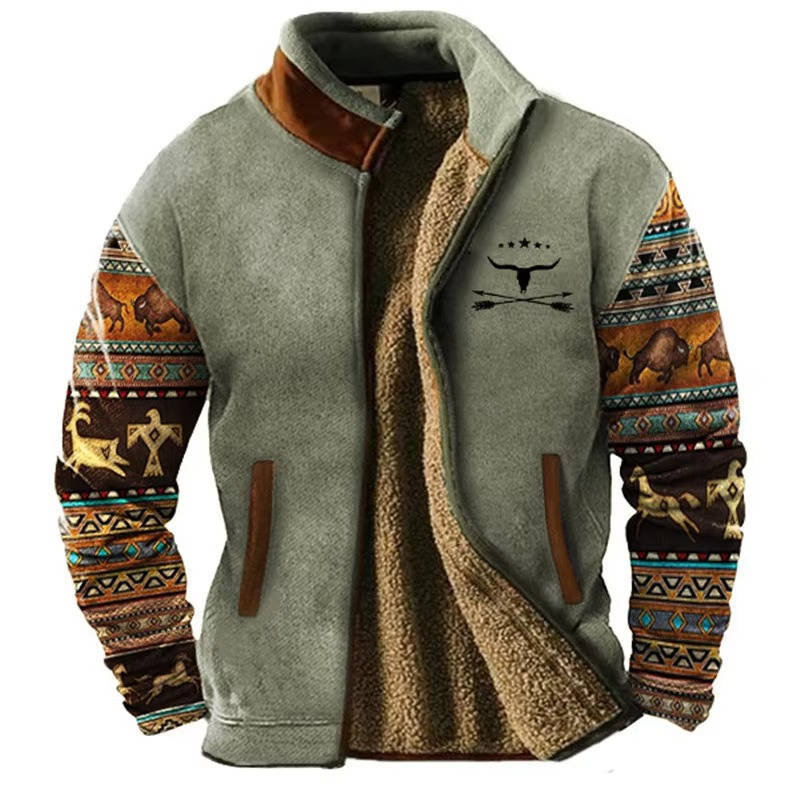 Mens Fleece Jacket with Aztec Geometric Pattern and Stand Collar