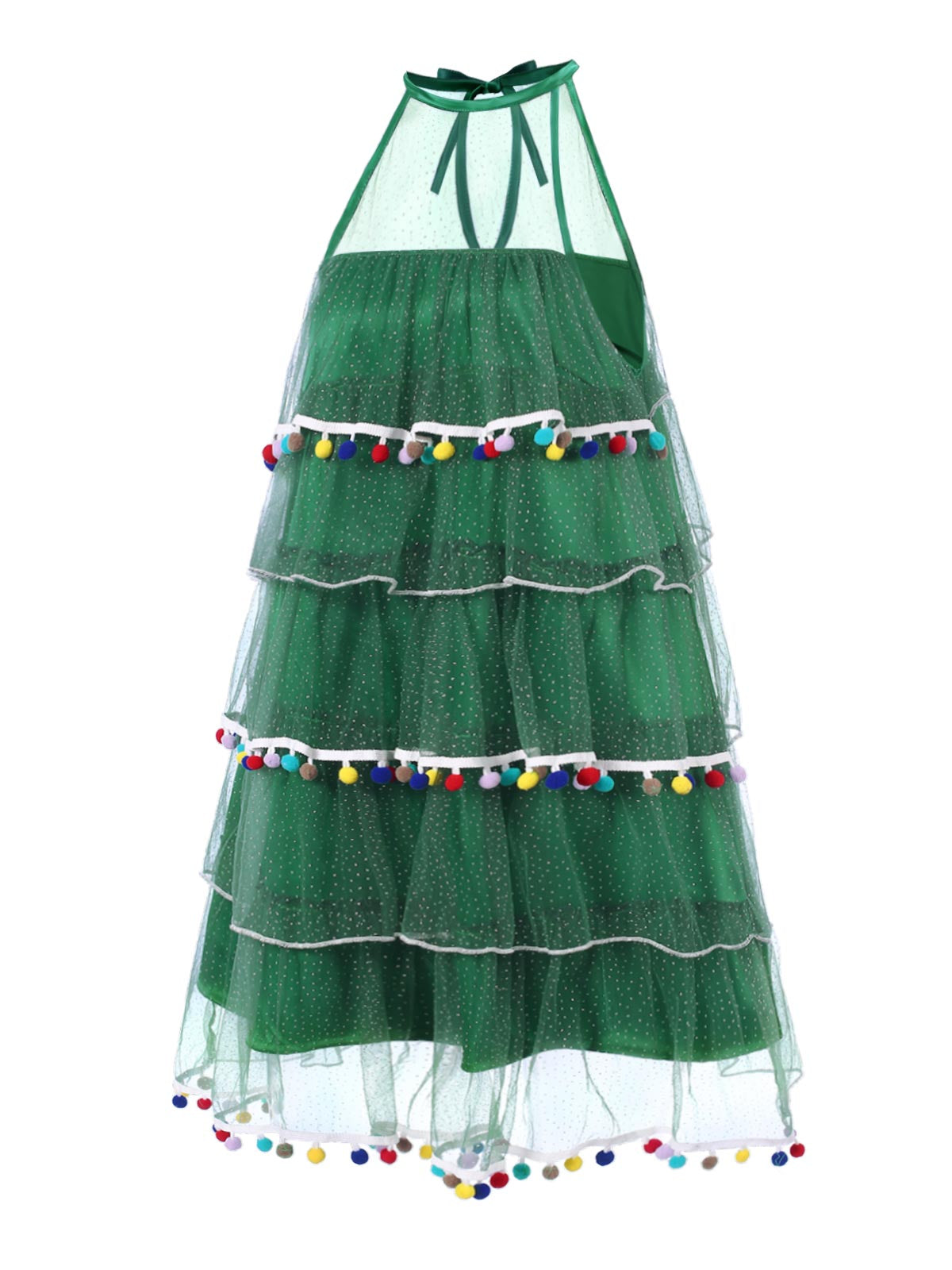 This Green 1960s Pom-Pom Christmas Tree Dress wraps her in 1960s elegance, one twirl at a time