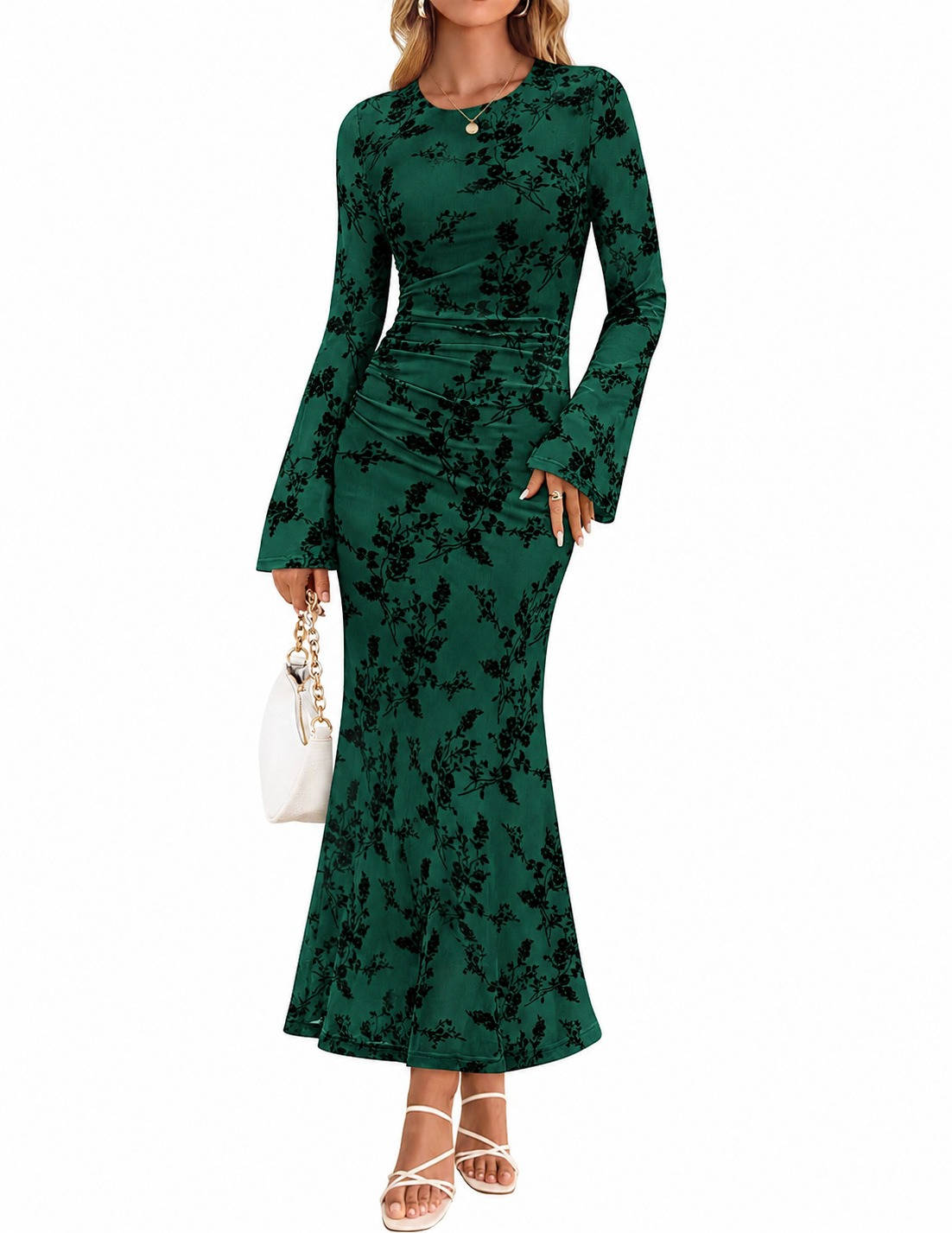 Womens Floral Maxi Dress, Long Sleeve Ruched Mesh Bodycon Dress, Elegant Fall Formal Dress