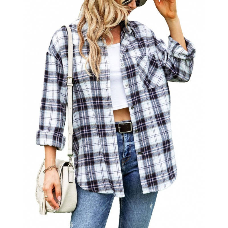 Women's Flannel Plaid Shirt, Soft Button Down Shirt, Roll Up Long Sleeve Flannel Plaid Blouse for Women