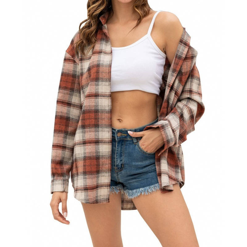 Women's Flannel Plaid Shirt, Soft Button Down Shirt, Roll Up Long Sleeve Flannel Plaid Blouse for Women