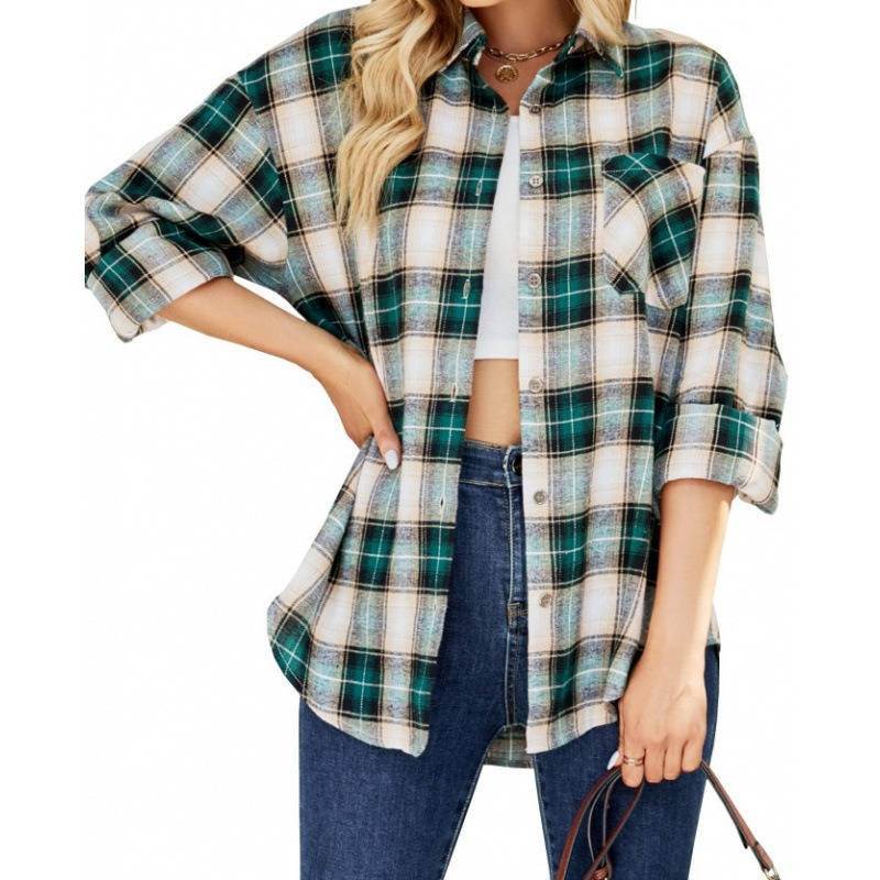 Women's Flannel Plaid Shirt, Soft Button Down Shirt, Roll Up Long Sleeve Flannel Plaid Blouse for Women