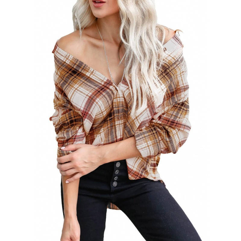 Women's Flannel Plaid Shirt, Soft Button Down Shirt, Roll Up Long Sleeve Flannel Plaid Blouse for Women