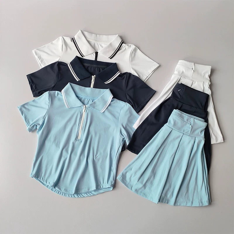 Womens Two-Piece Polo Tennis Outfit with A-Line Skirt and Moisture-Wicking Fabric