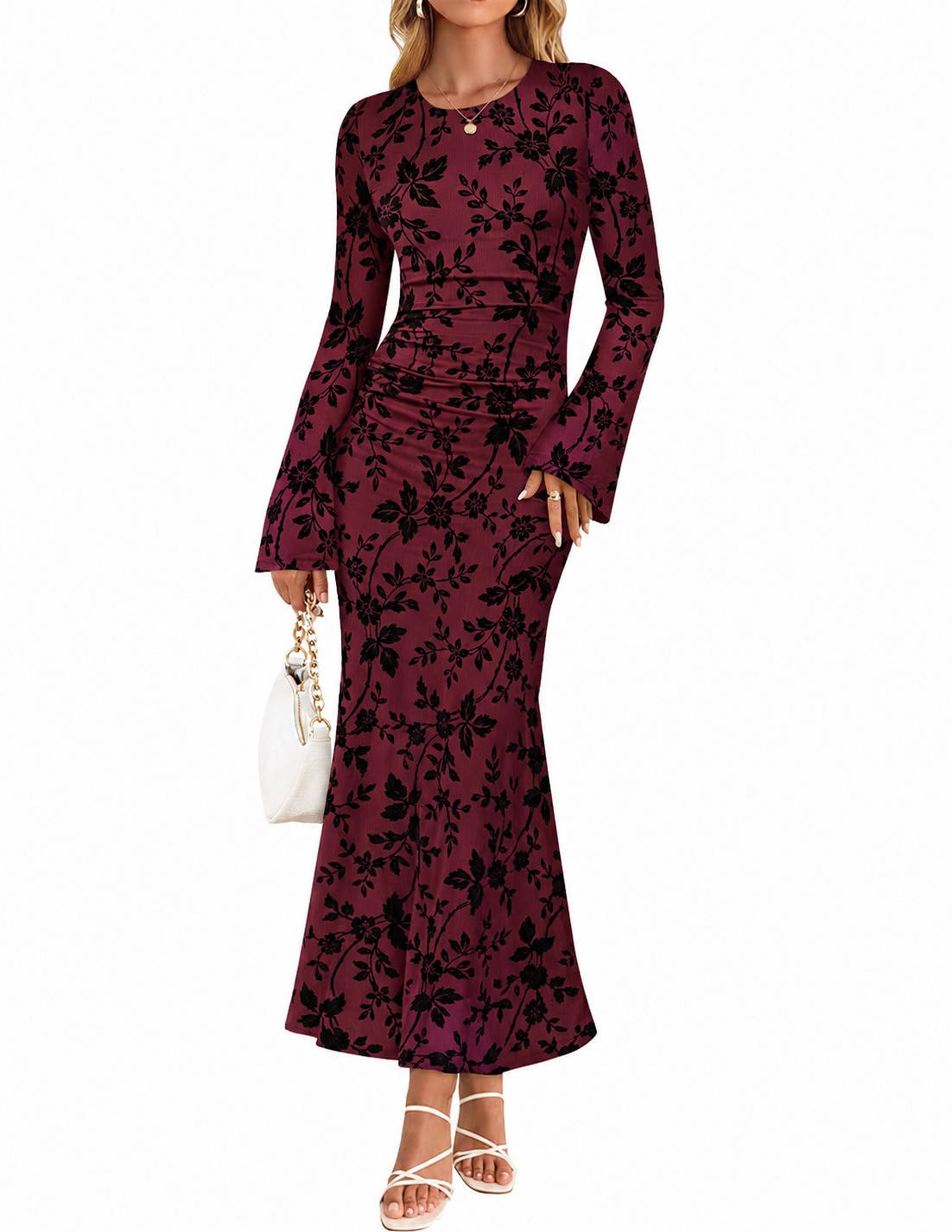 Womens Floral Maxi Dress, Long Sleeve Ruched Mesh Bodycon Dress, Elegant Fall Formal Dress