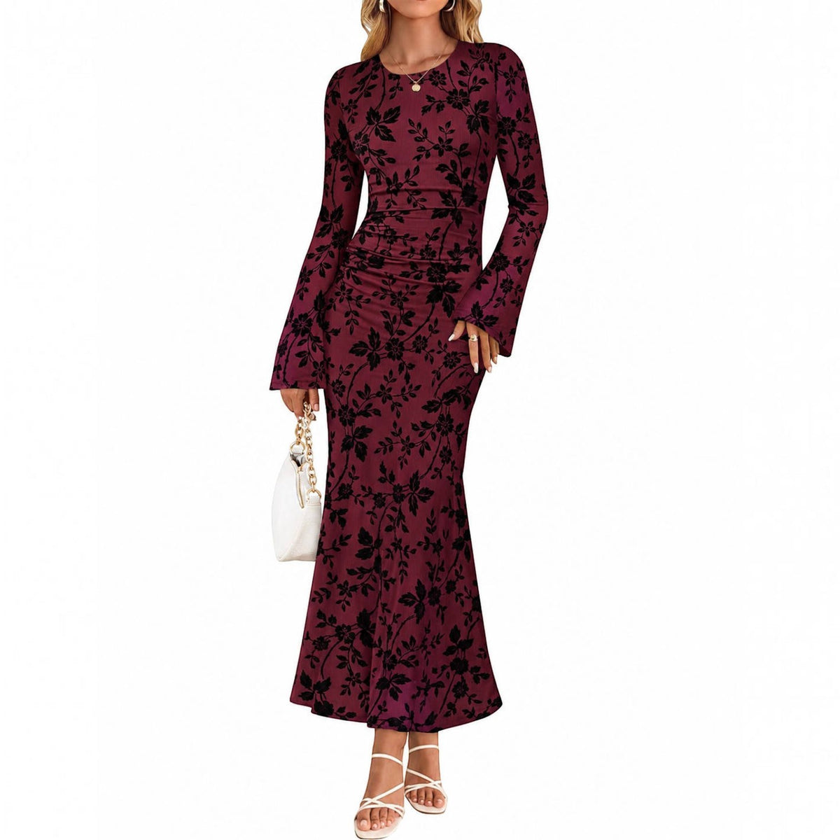 Womens Printed Maxi Dress, Long Sleeve Ruched Mesh Bodycon Dress, Elegant Fall Formal Dress