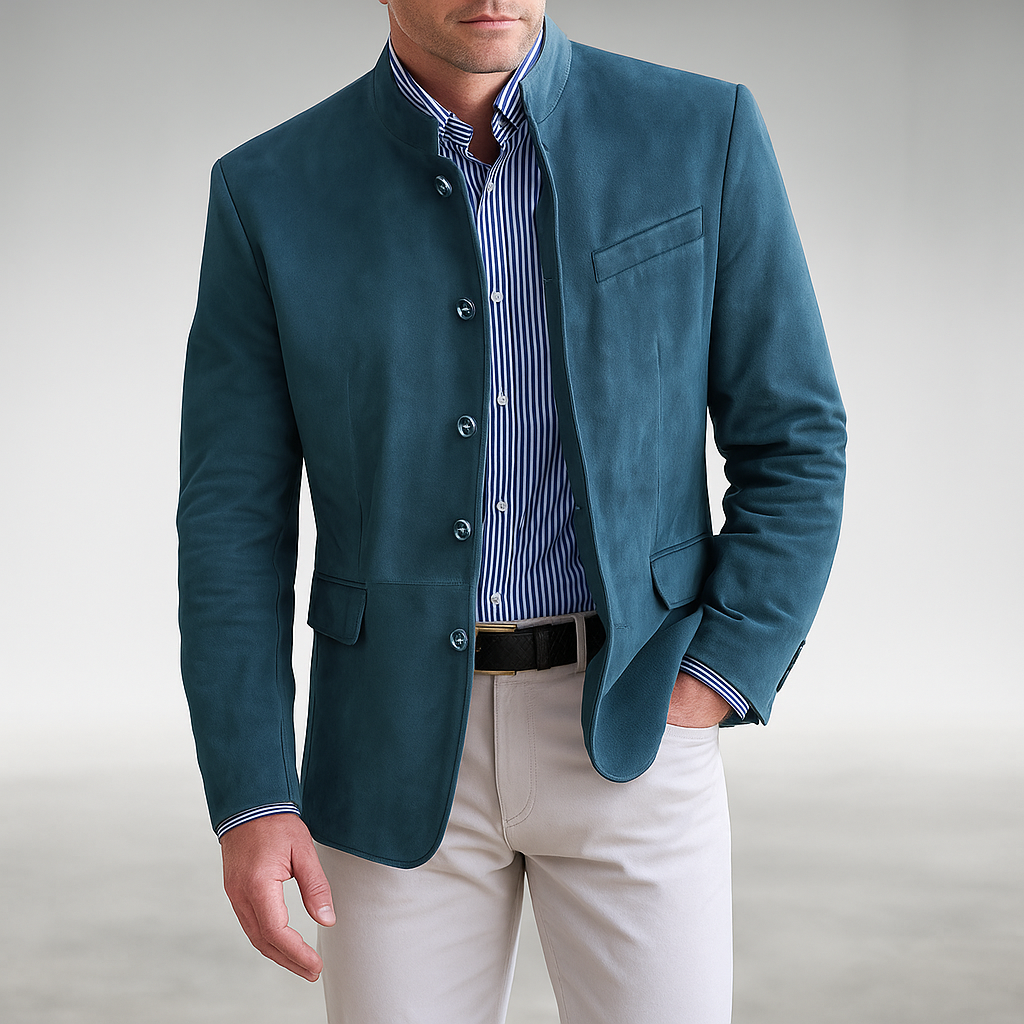 Mens Button Coat with Textured Fabric and Tailored Fit, Deep Front Pockets