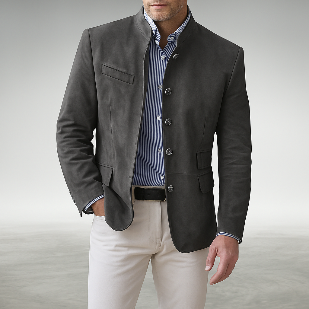 Mens Button Coat with Textured Fabric and Tailored Fit, Deep Front Pockets