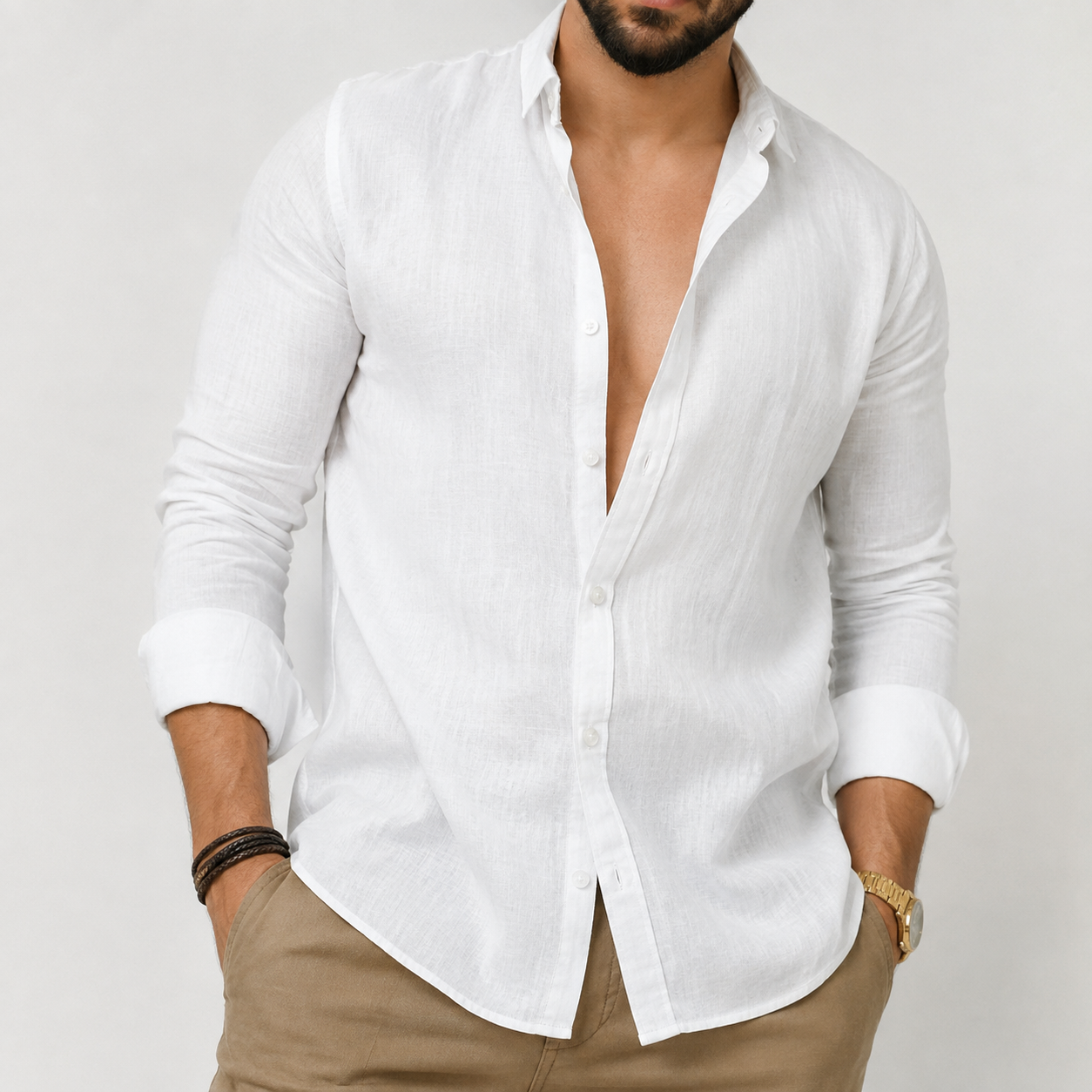 Mens Button-Front Long Sleeve Shirt with Tailored Fit and Breathable Fabric