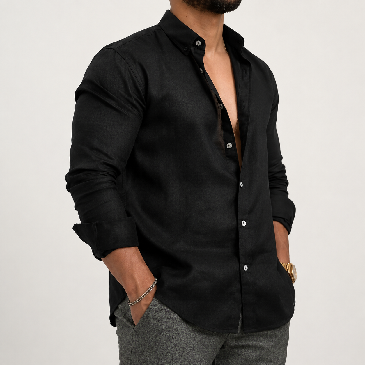 Mens Button-Front Long Sleeve Shirt with Tailored Fit and Breathable Fabric