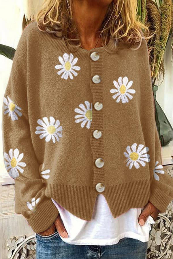 Round Neck Knit Sweater with Floral Embroidery and Light Stretch