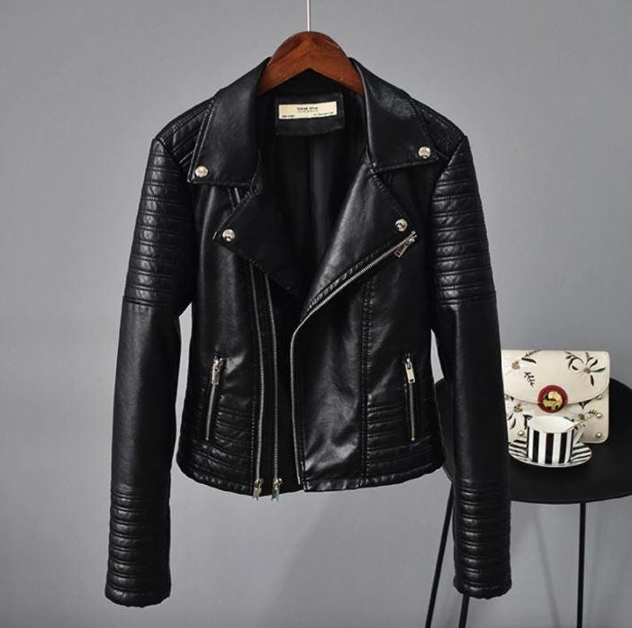 Synthetic Biker Jacket with Zip and Button Closure and Turn Down Collar