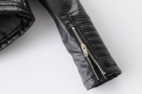 Synthetic Biker Jacket with Zip and Button Closure and Turn Down Collar