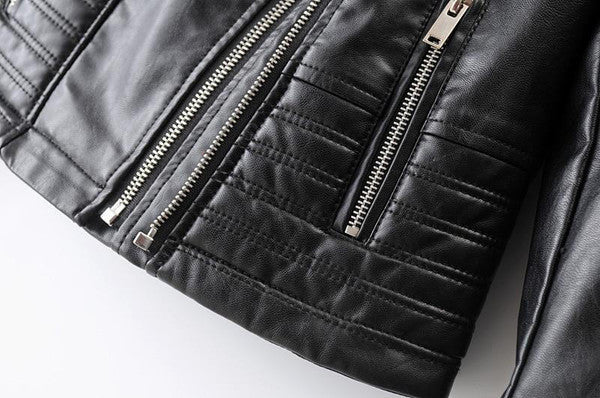 Synthetic Biker Jacket with Zip and Button Closure and Turn Down Collar