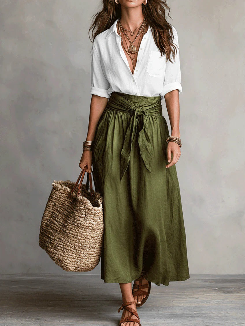 Button Front Shirt and Tie Waist Midi Skirt Two Piece Set