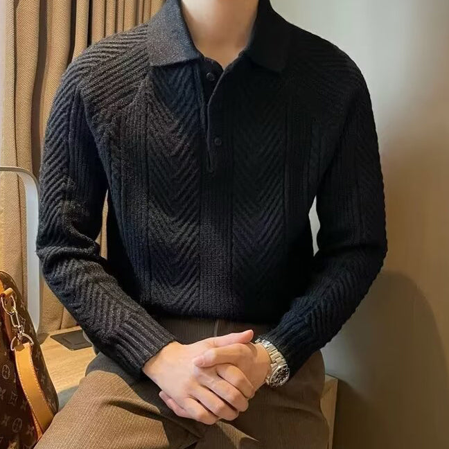 Mens Button Down Sweater with Jacquard Weave and Adjustable Closure, Regular Fit