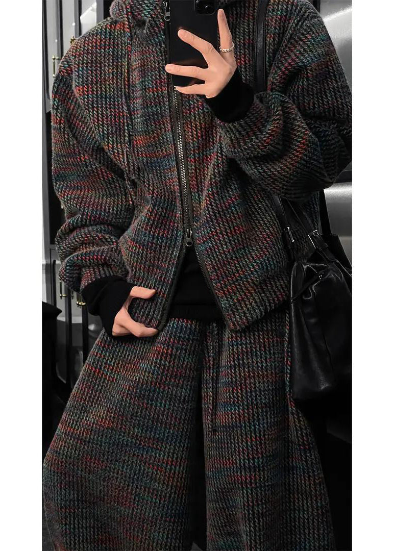 Textured Knit Hoodie and Wide Leg Pants Set with Mixed Color Yarn
