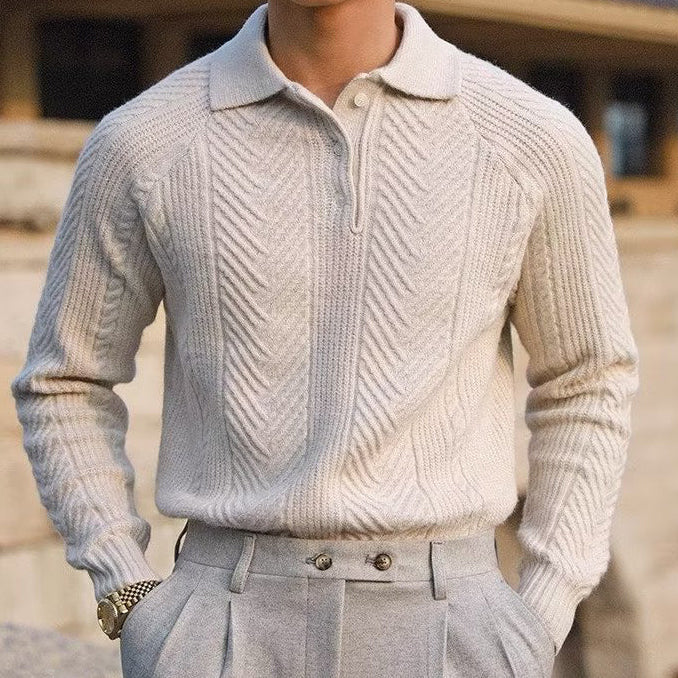 Mens Button Down Sweater with Jacquard Weave and Adjustable Closure, Regular Fit