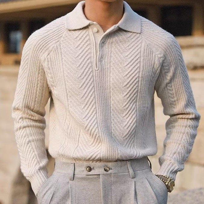 Mens Button Down Sweater with Jacquard Weave and Adjustable Closure, Regular Fit