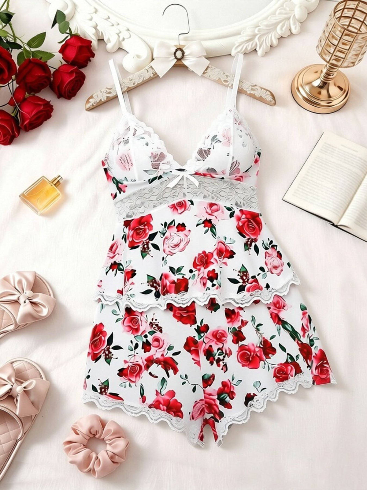 Womens Lace Cami Top and Shorts Pajama Set, Bow Decor Spaghetti Strap Camisole with Adjustable Straps and Elastic Waist Shorts, All Season Sleepwear