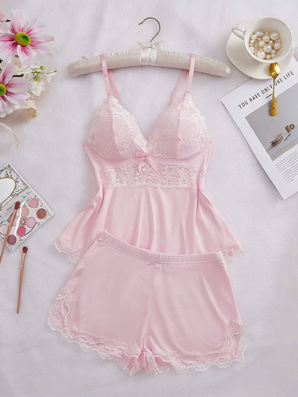 Womens Lace Cami Top and Shorts Pajama Set, Bow Decor Spaghetti Strap Camisole with Adjustable Straps and Elastic Waist Shorts, All Season Sleepwear